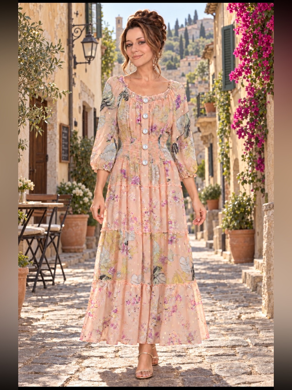 NWT Fig & Flower Maxi Tiered Smocked Waist Peach Pink Gold Foil Accented Dress L